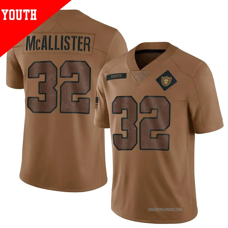 Youth 32 Tyreik McAllister Las Vegas Raiders Limited Brown 2023 Salute To Service Jersey